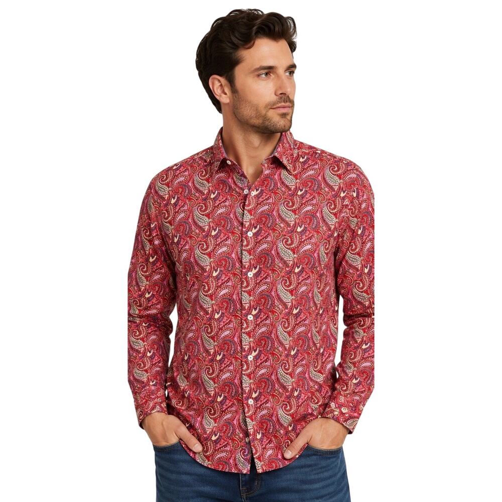 Cremieux Premium Denim Paisley Button Front Shirt Mens Large Red Pink Cotton